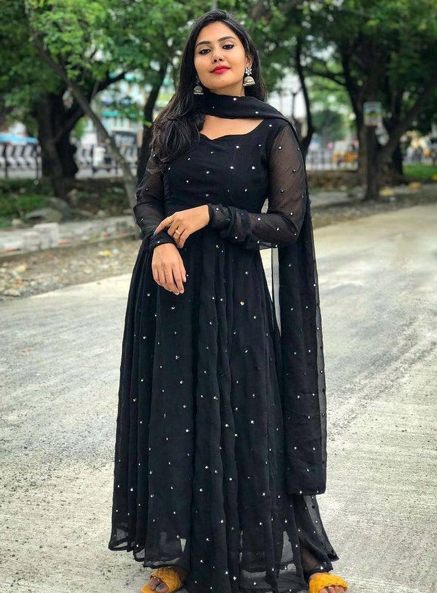 Black georgette embroidered umbrella flair party wear anarkali suit
