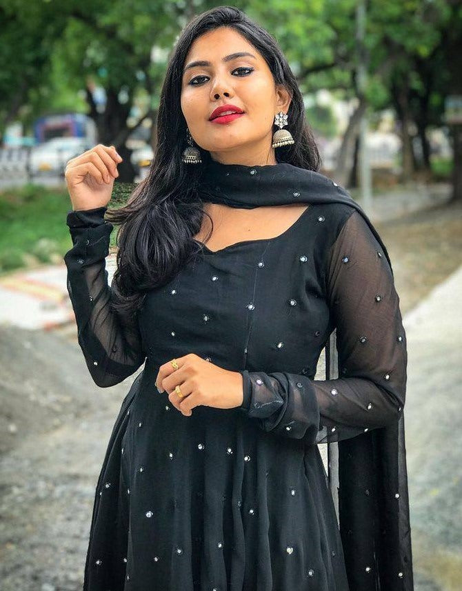 Black georgette embroidered umbrella flair party wear anarkali suit