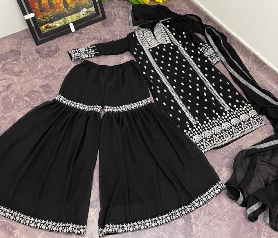 Black georgette embroidered work flared sharara plazzo suit