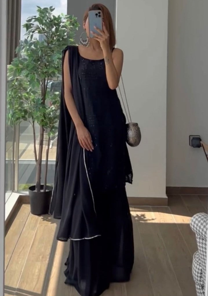 Black georgette embroidery sequence work party wear sharara suit