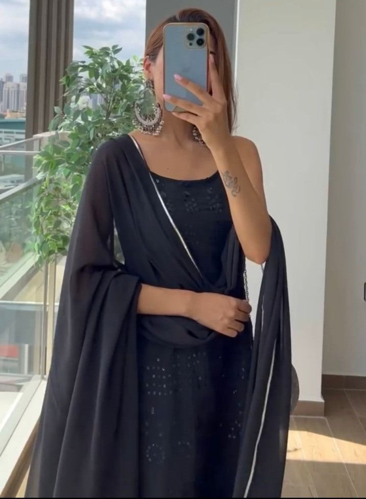 Black georgette embroidery sequence work party wear sharara suit