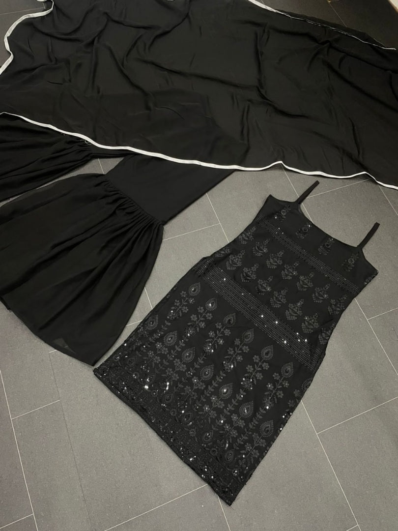 Black georgette embroidery sequence work party wear sharara suit
