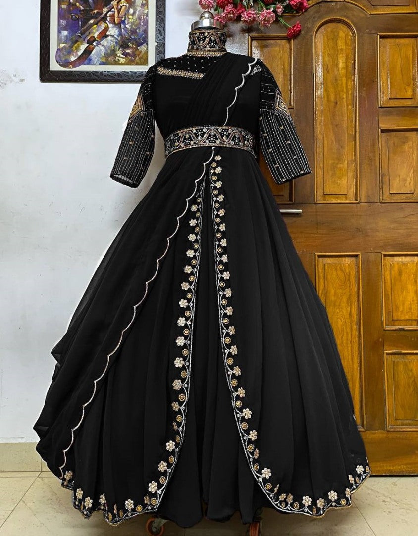 Black georgette embroidery work indowestern party wear gown