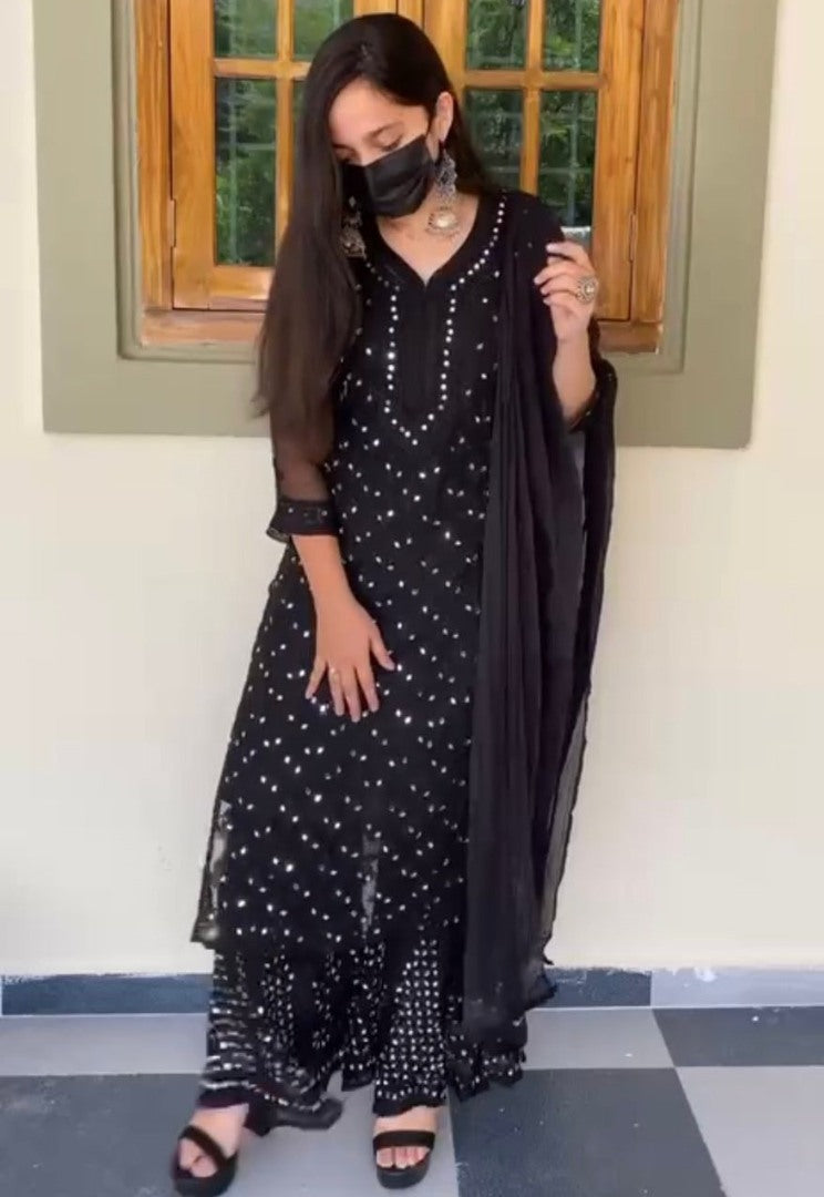 Black georgette embroidery work mirror work plazzo suit