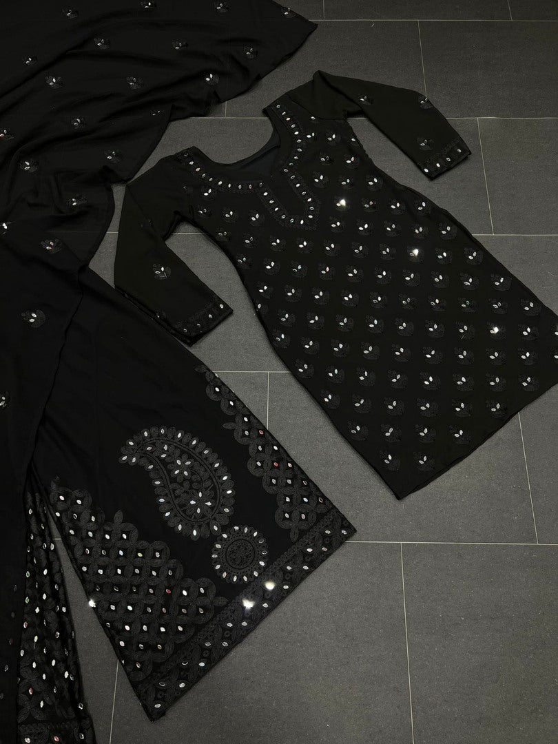 Black georgette embroidery work mirror work plazzo suit