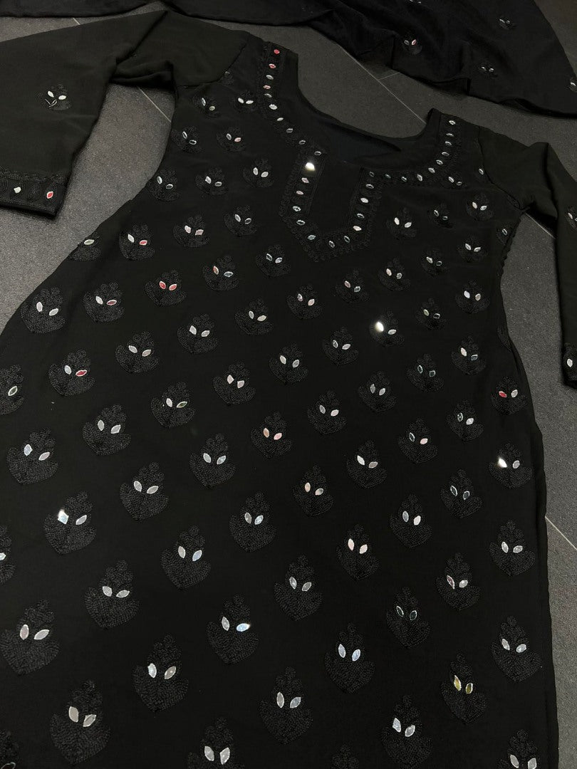 Black georgette embroidery work mirror work plazzo suit