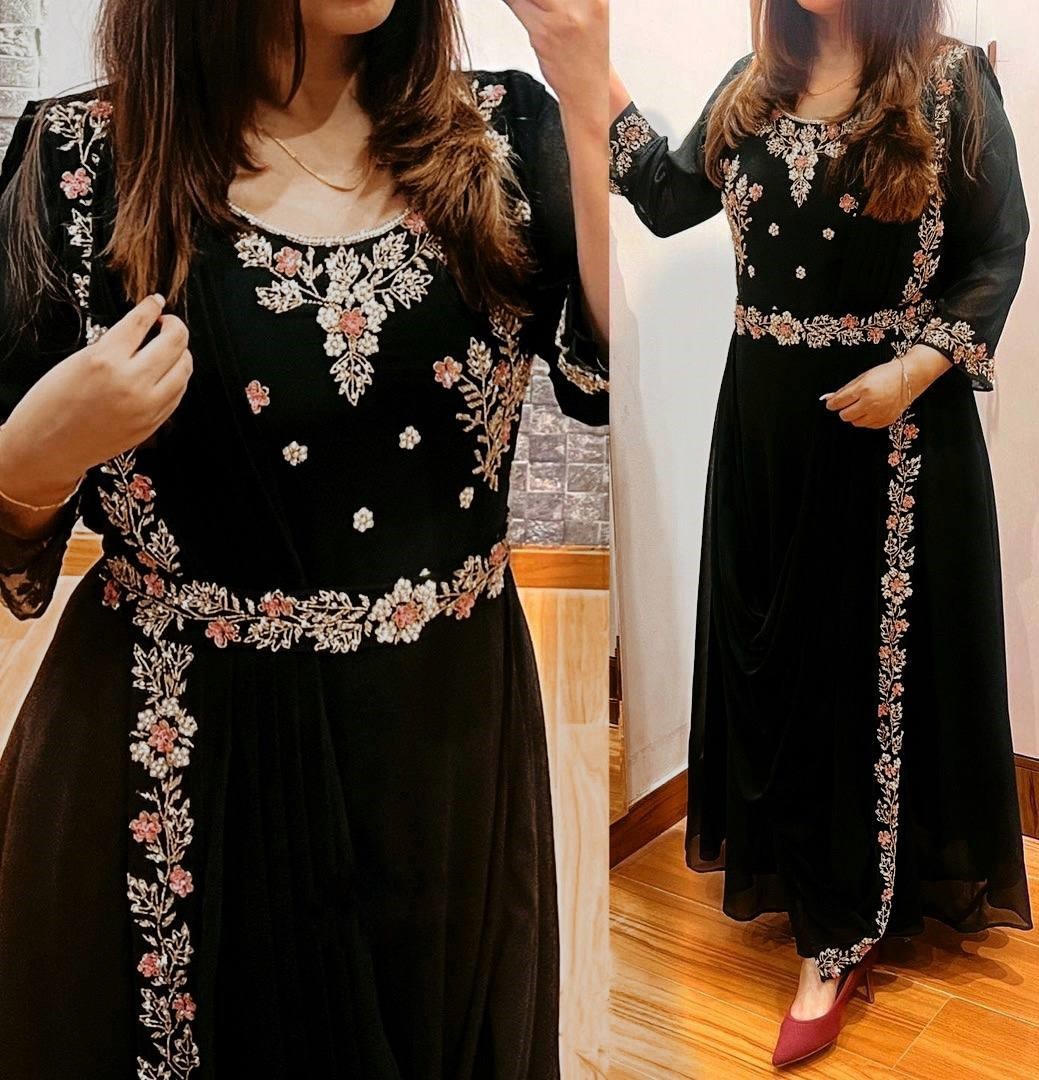 Black georgette embroidery work party wear gown