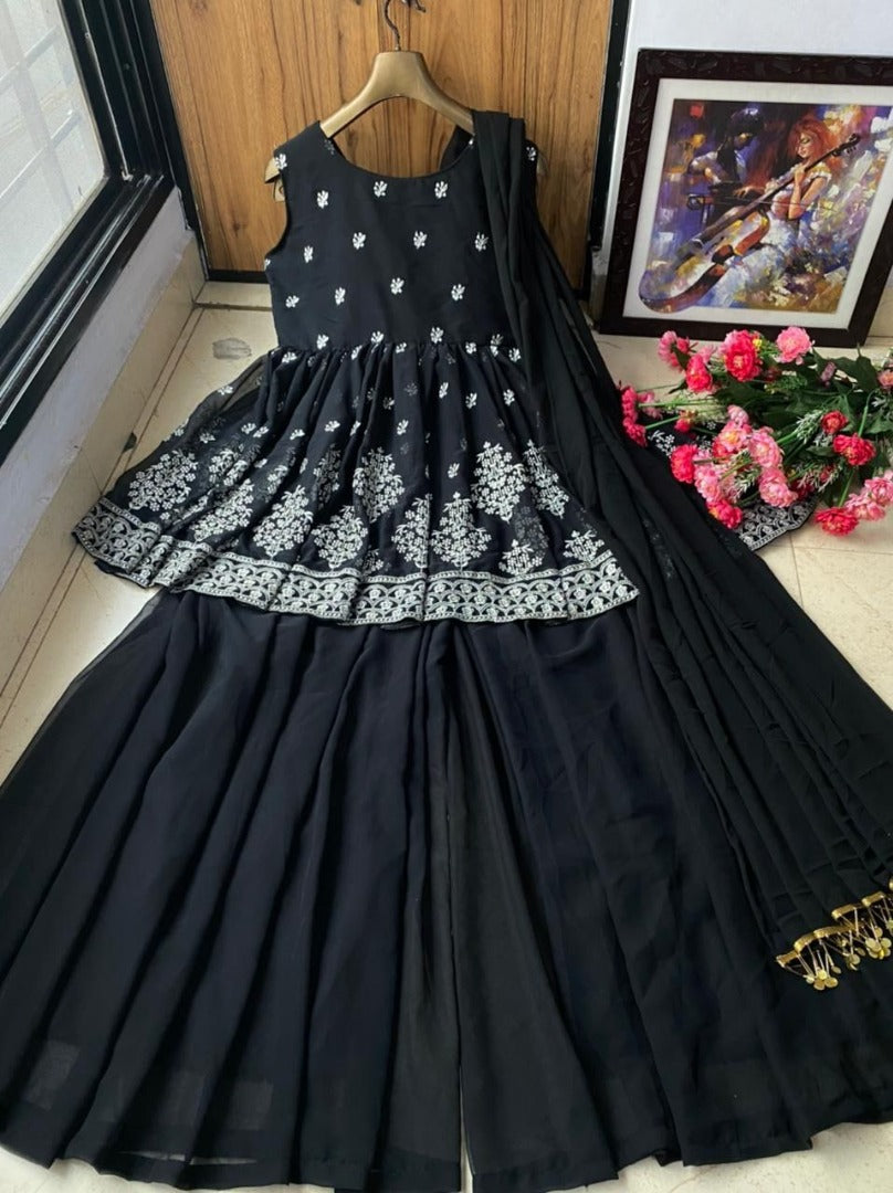 Black georgette embroidery work party wear sharara suit