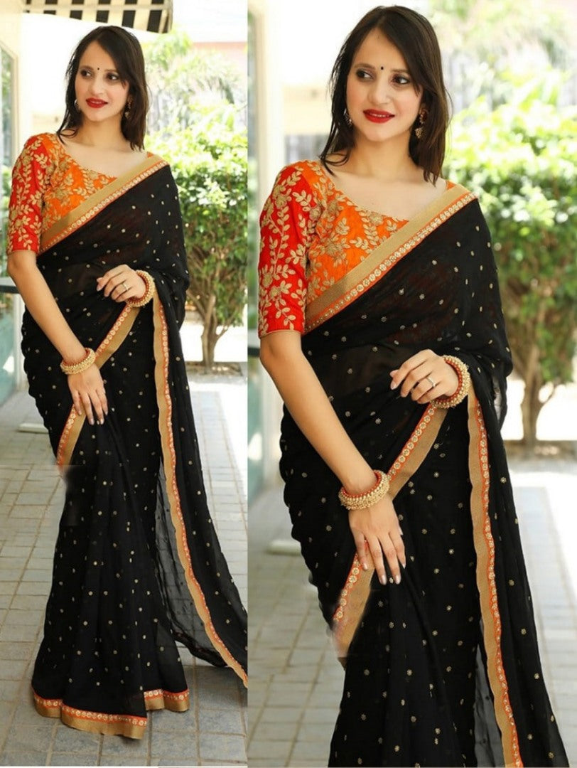 Black georgette fabulous partywear saree with work blouse