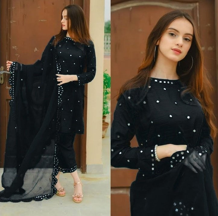 Black georgette fancy thread and zari work salwar suit