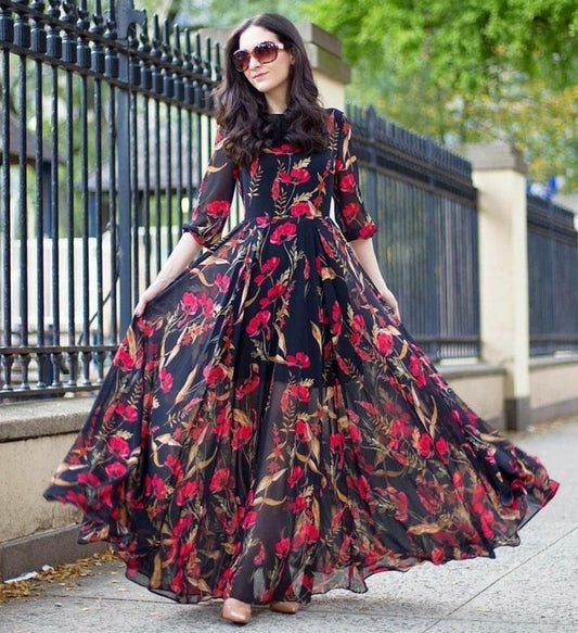 Black georgette floral digital printed gown