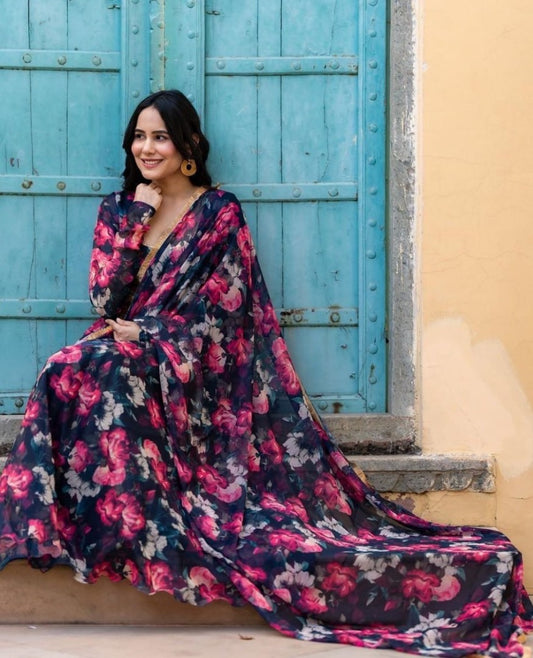 Black georgette floral printed anarkali suit