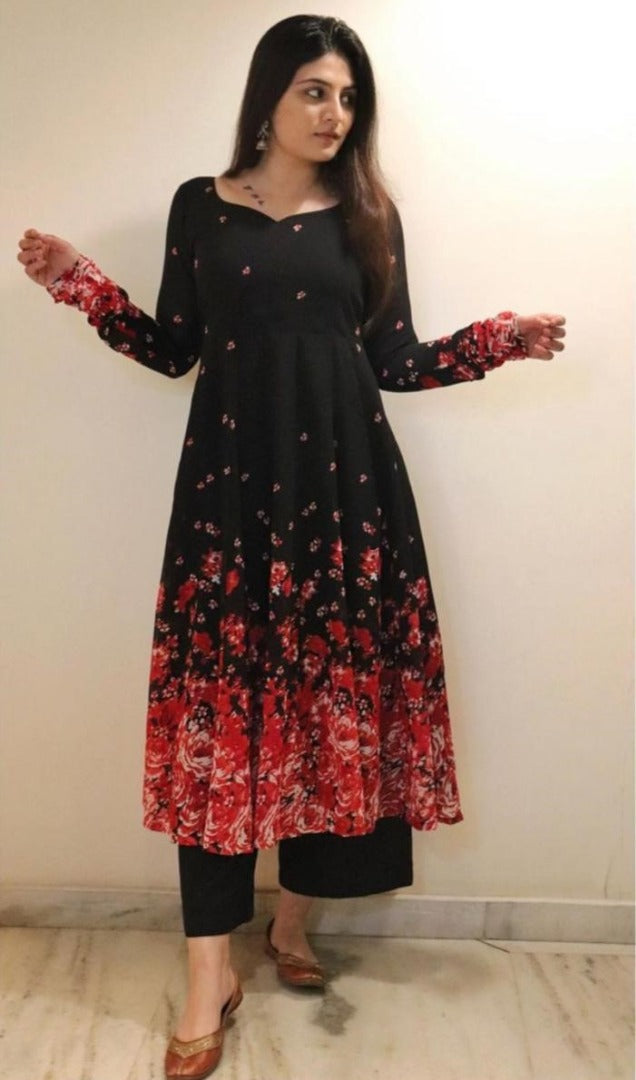 Black georgette floral printed anarkali suit