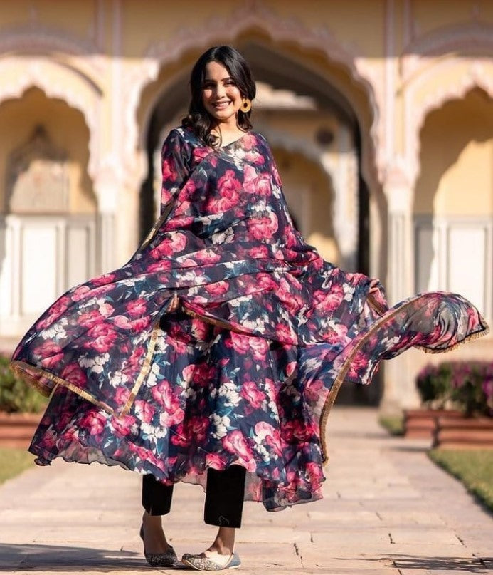 Black georgette floral printed anarkali suit