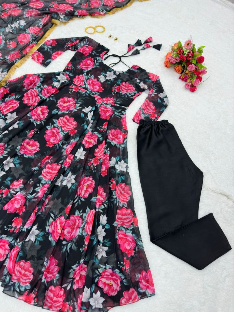 Black georgette floral printed anarkali suit