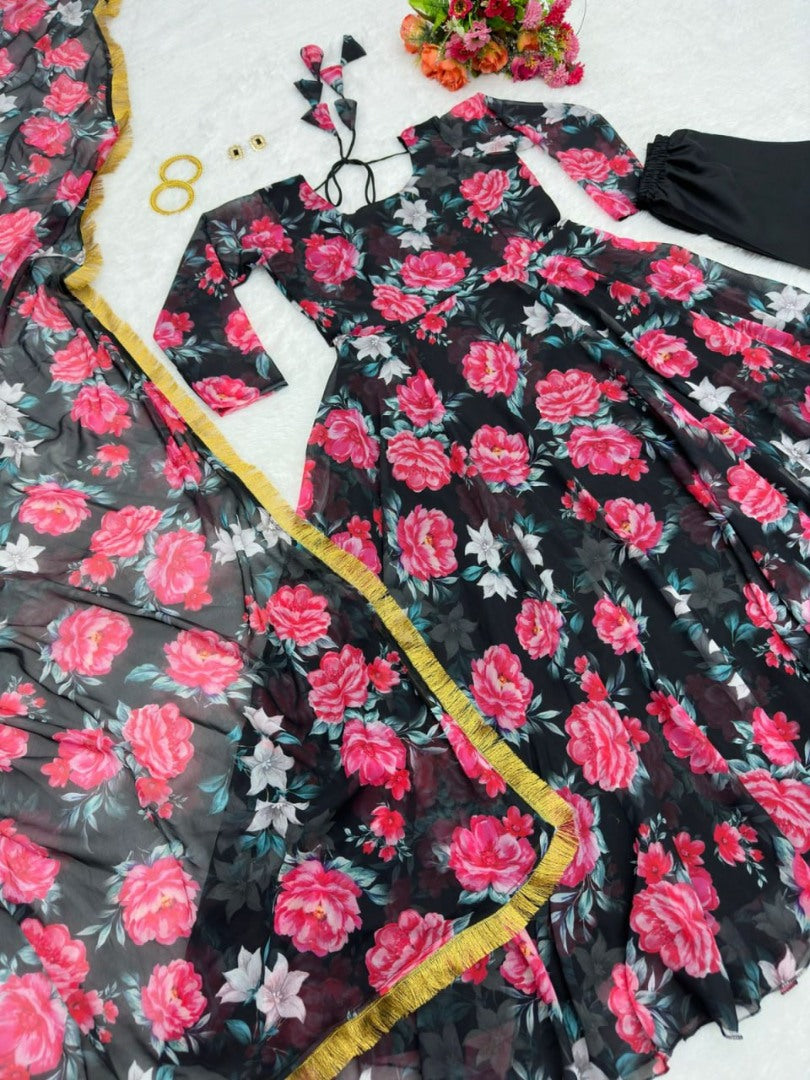 Black georgette floral printed anarkali suit