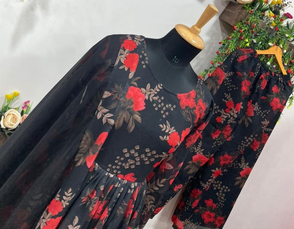 Black georgette floral printed anarkali suit