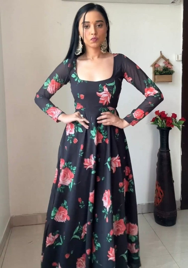 Black georgette floral printed party wear gown