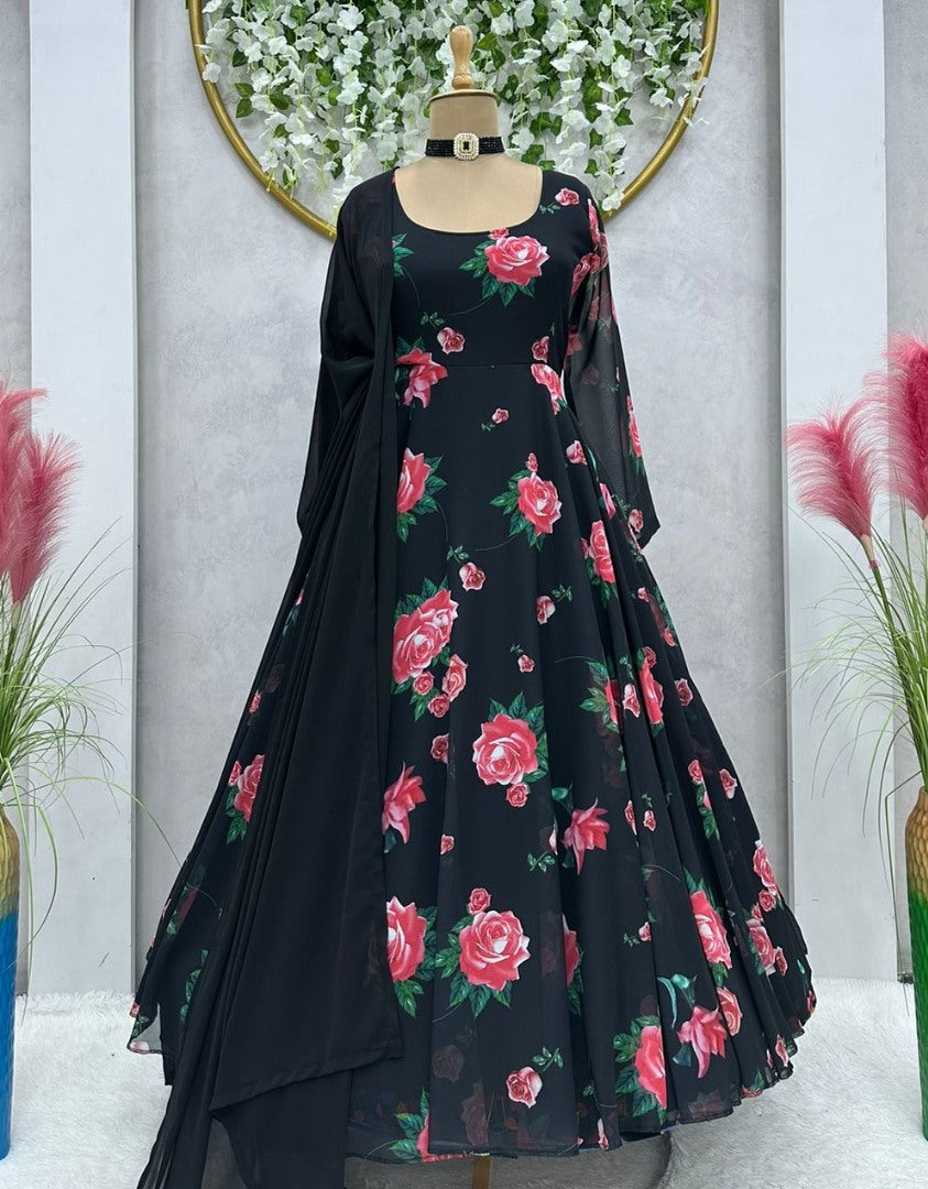 Black georgette floral printed party wear gown