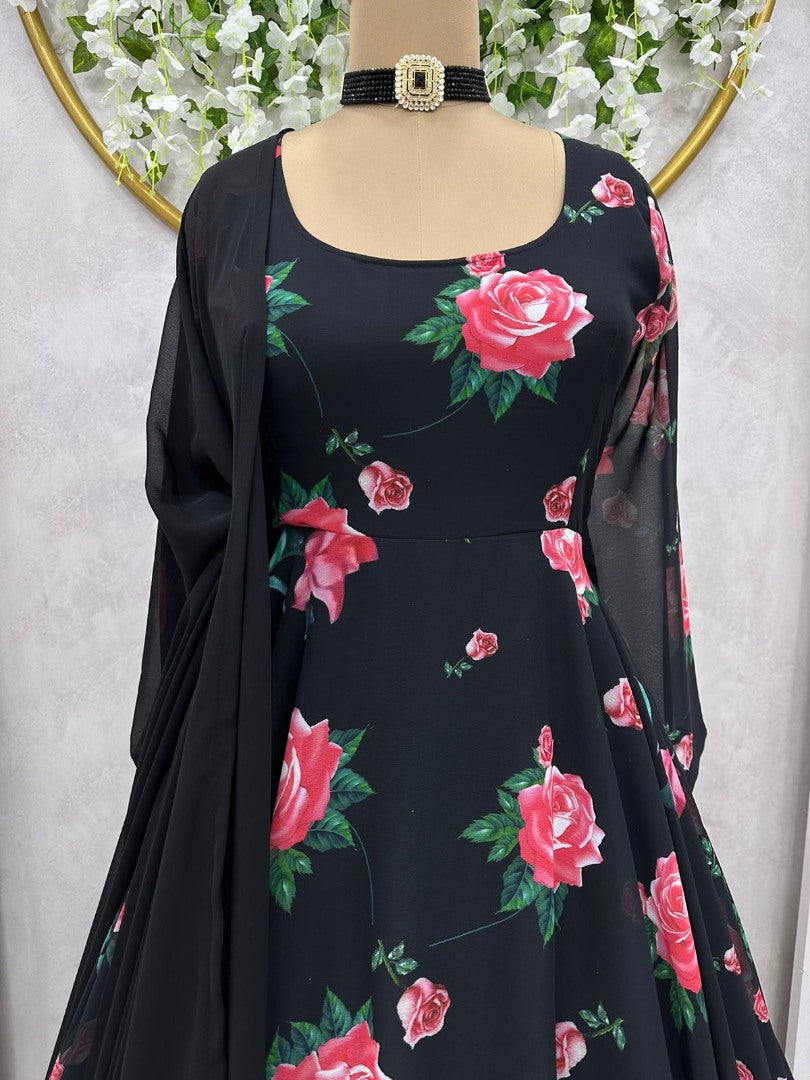 Black georgette floral printed party wear gown