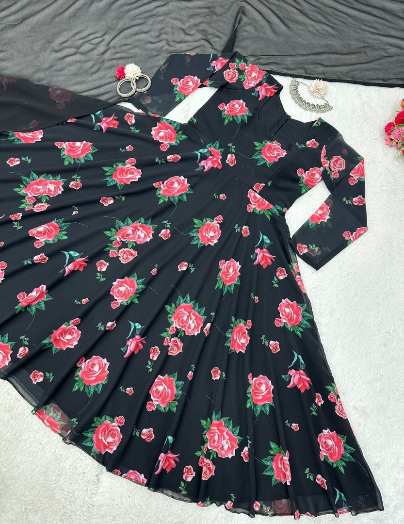 Black georgette floral printed party wear gown