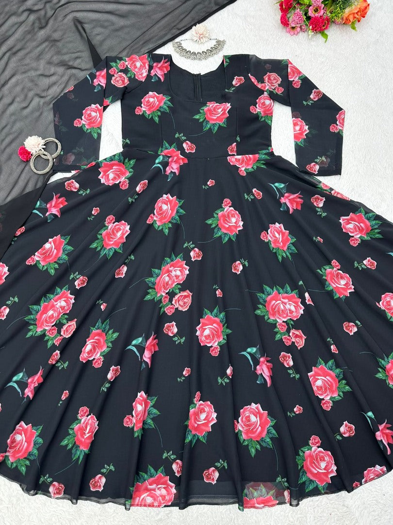 Black georgette floral printed party wear gown