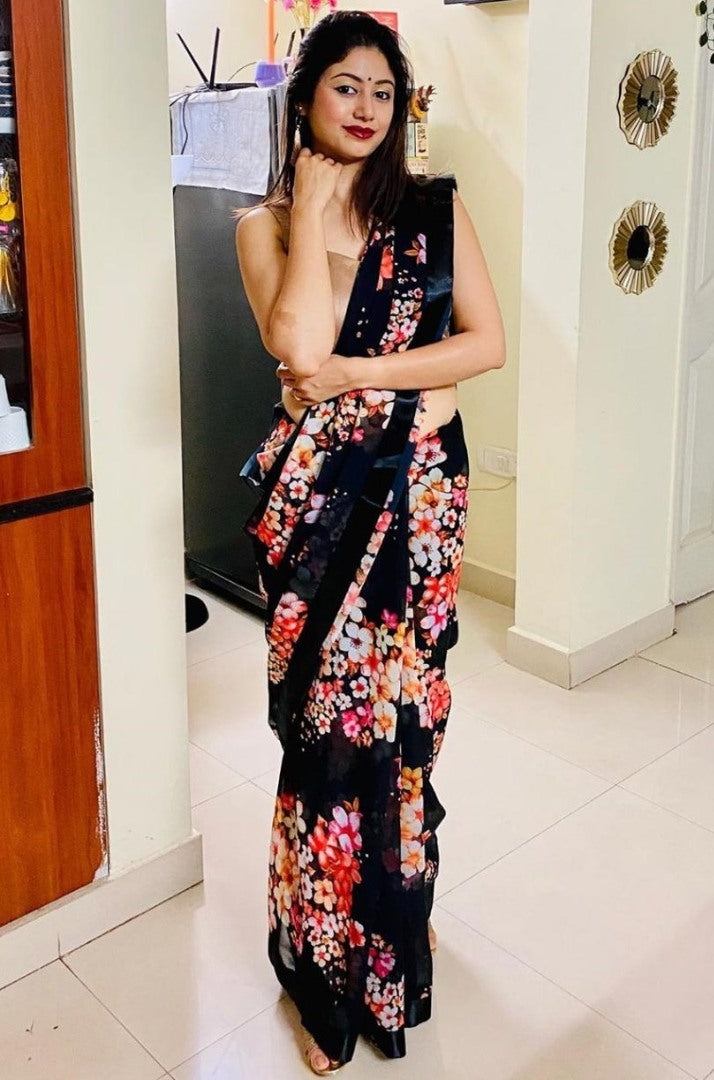 Black georgette floral printed partywear saree