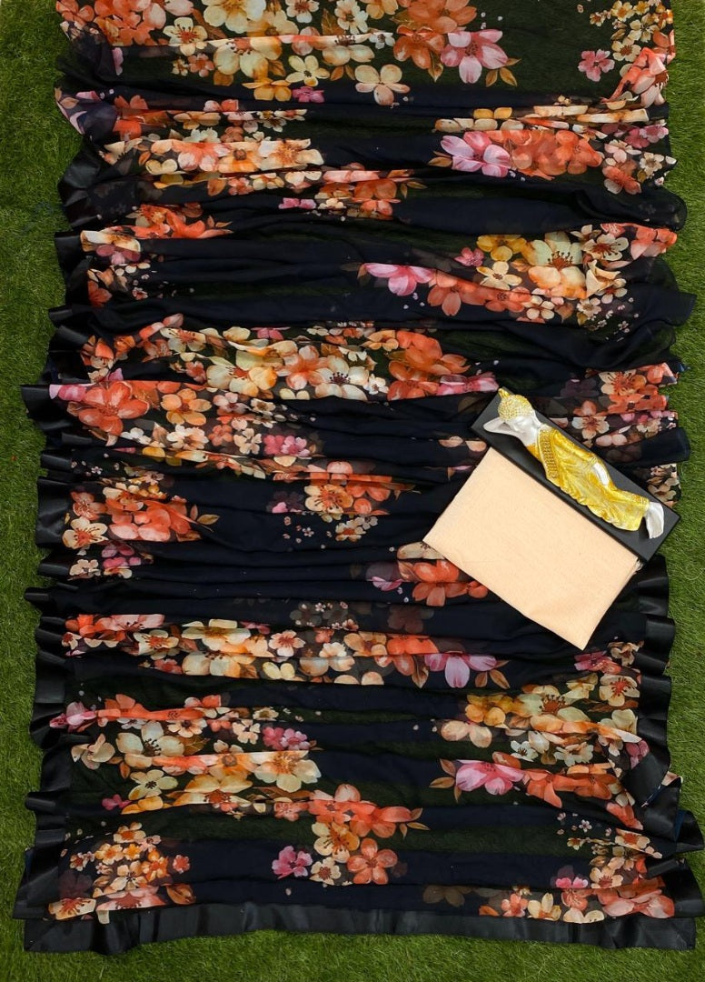 Black georgette floral printed partywear saree