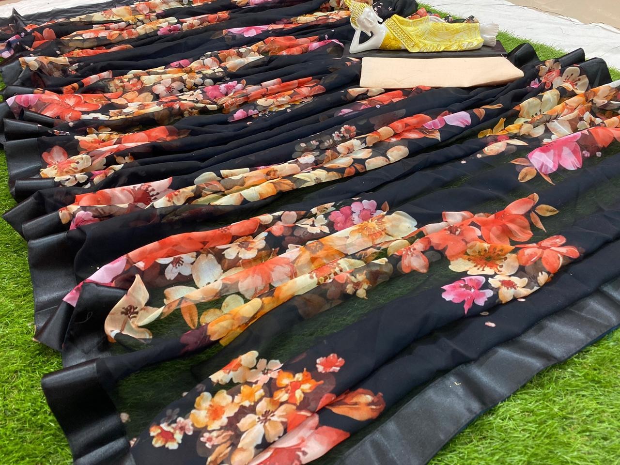 Black georgette floral printed partywear saree