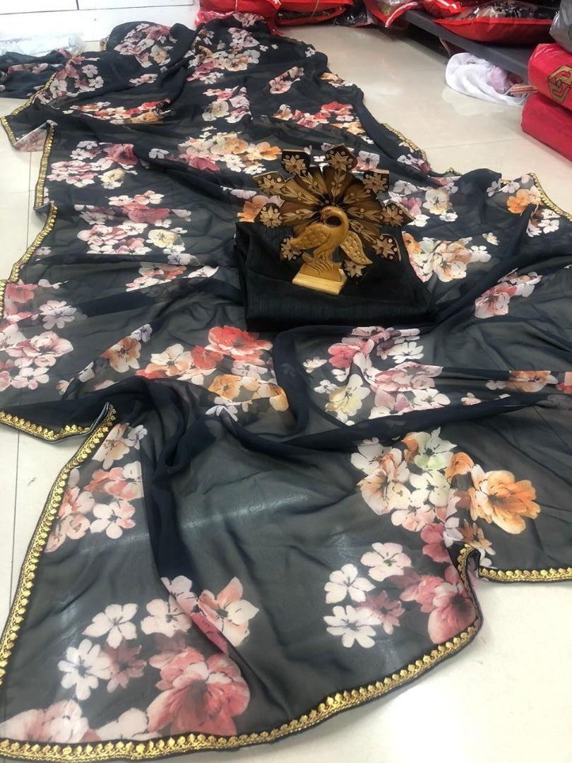 Black georgette floral printed partywear saree
