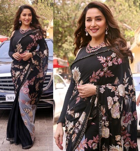 Black georgette flower digital printed partywear saree