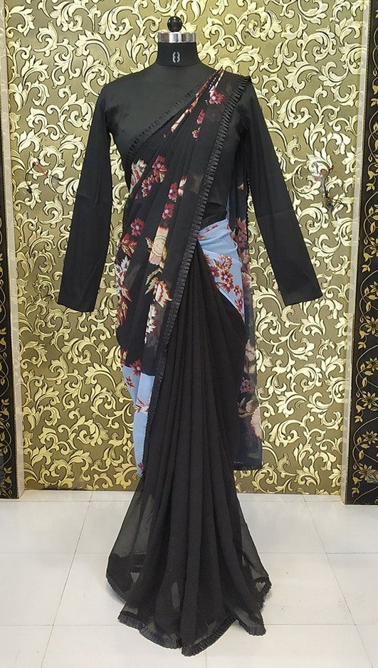 Black georgette flower digital printed partywear saree