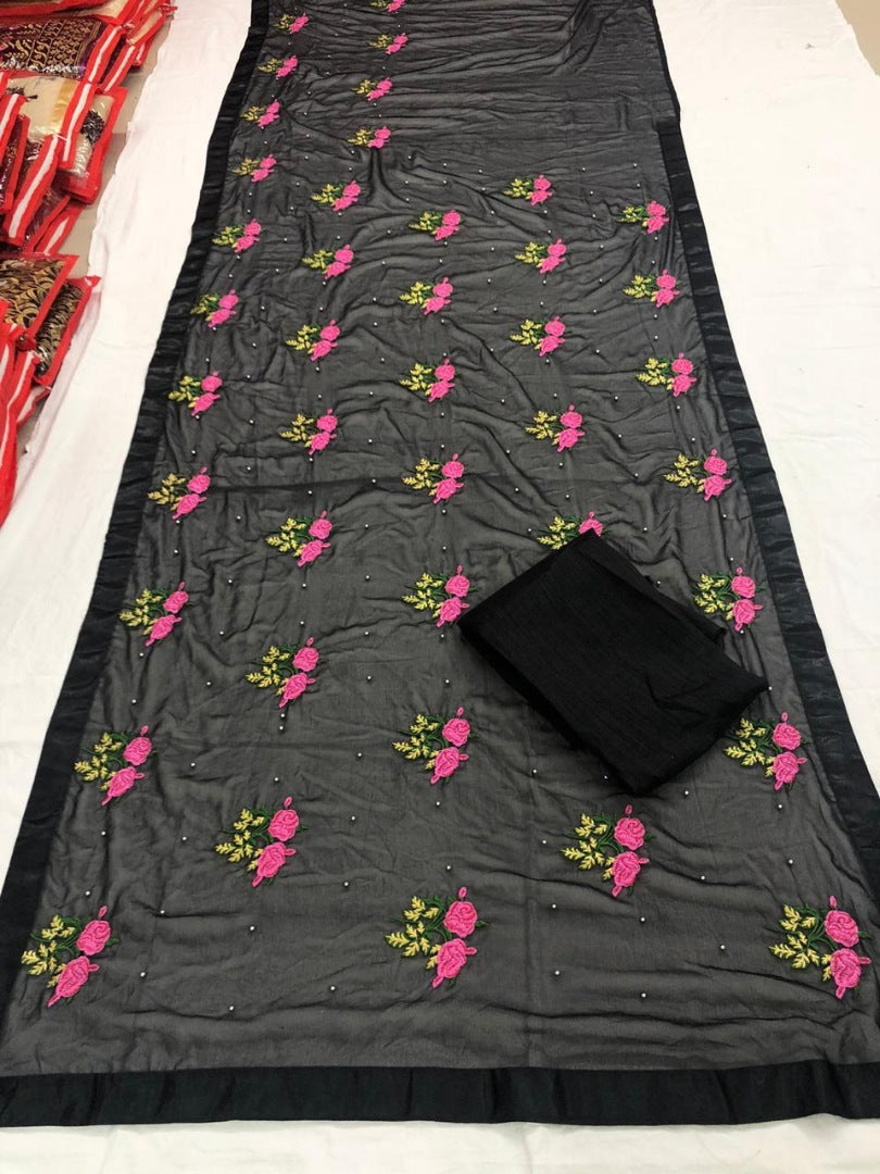 Black georgette flower embroidered saree
