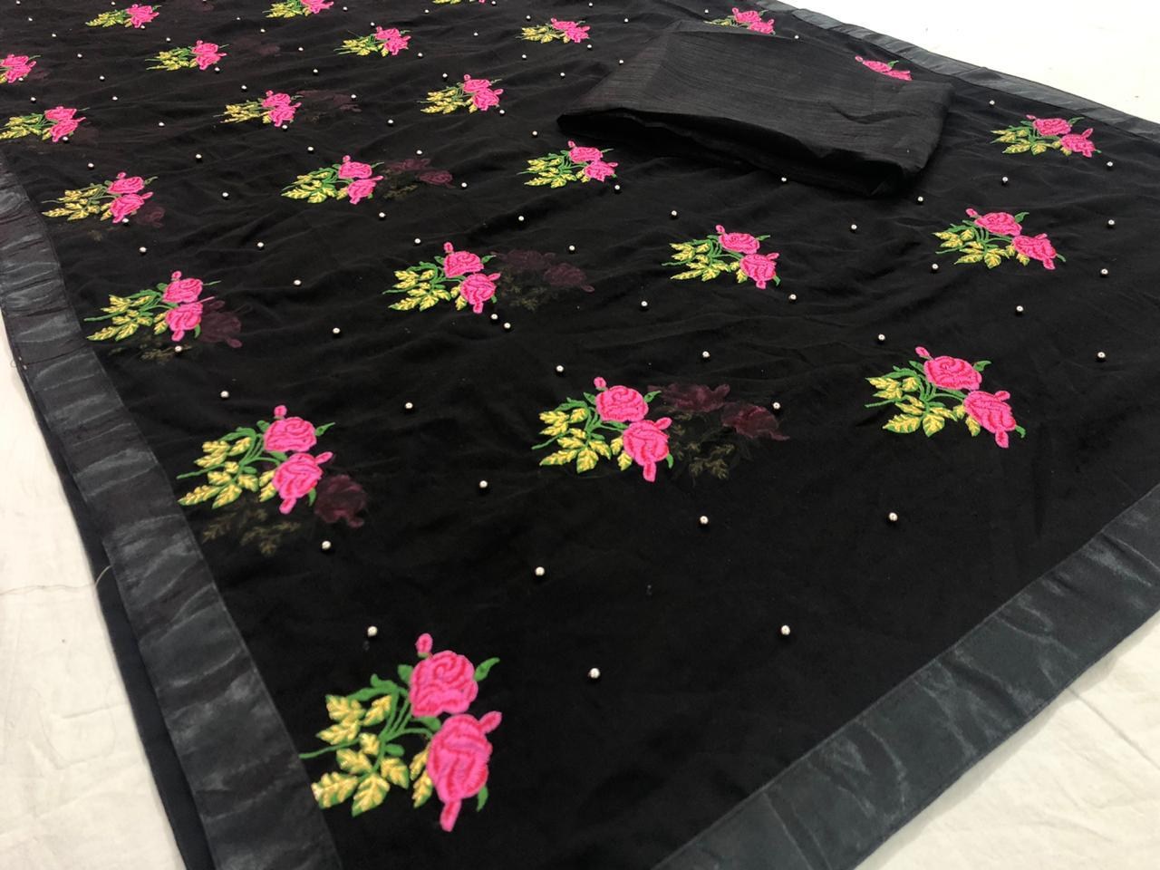 Black georgette flower embroidered saree