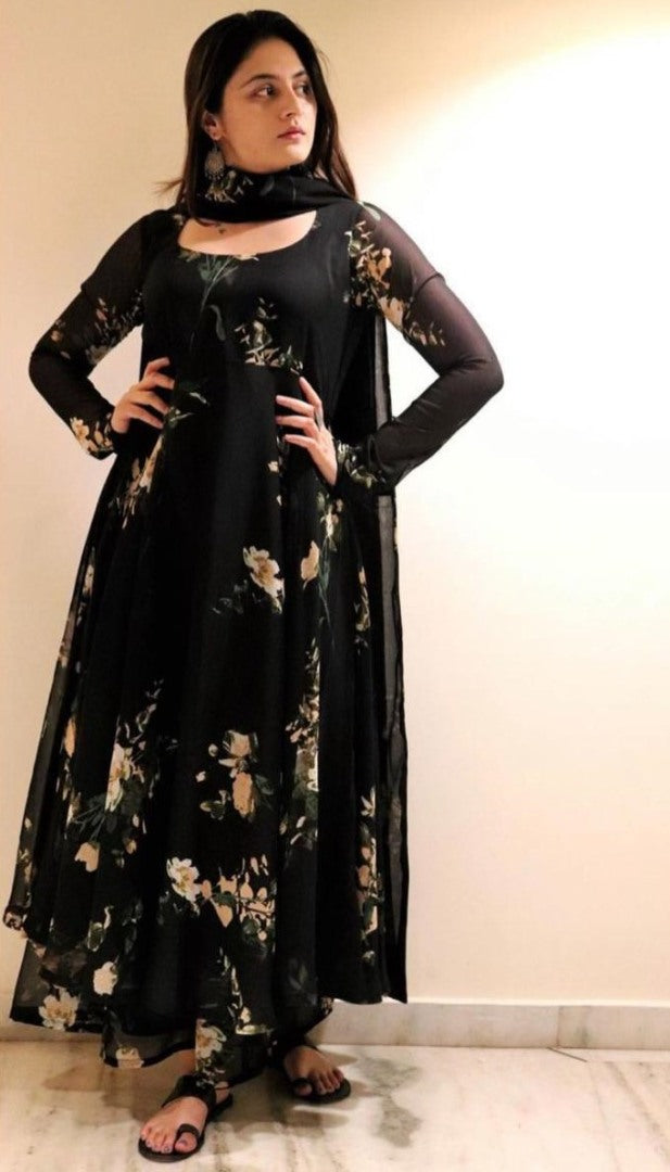 Black georgette flower printed anarkali suit