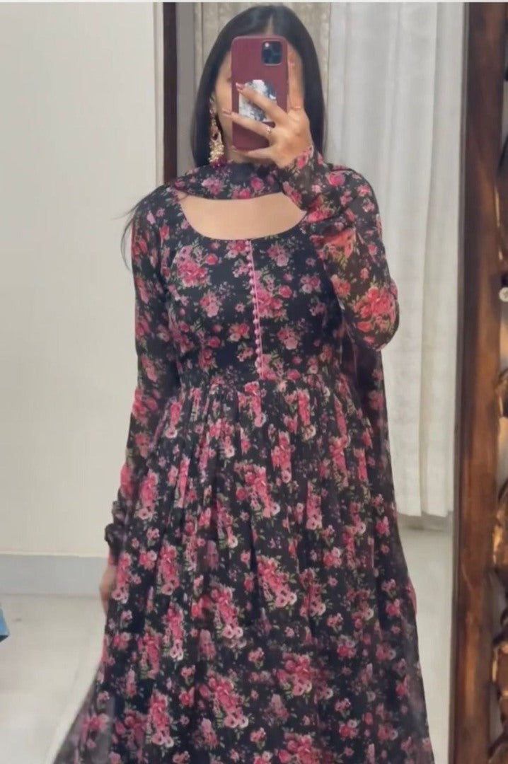 Black georgette flower printed anarkali suit