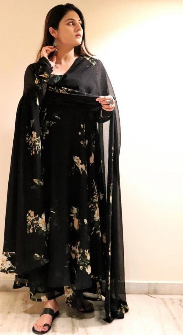 Black georgette flower printed anarkali suit