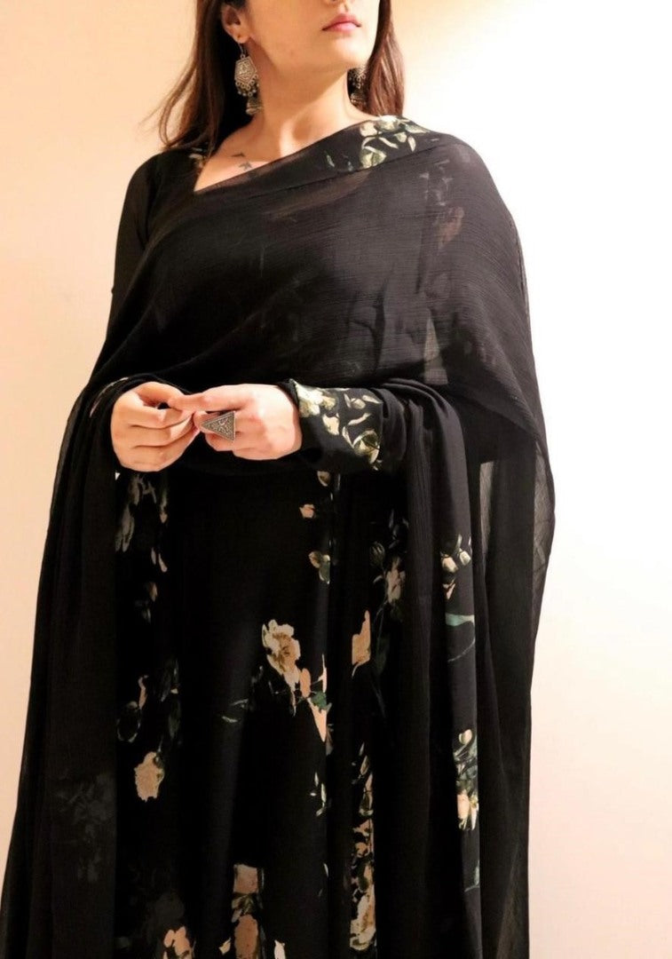 Black georgette flower printed anarkali suit