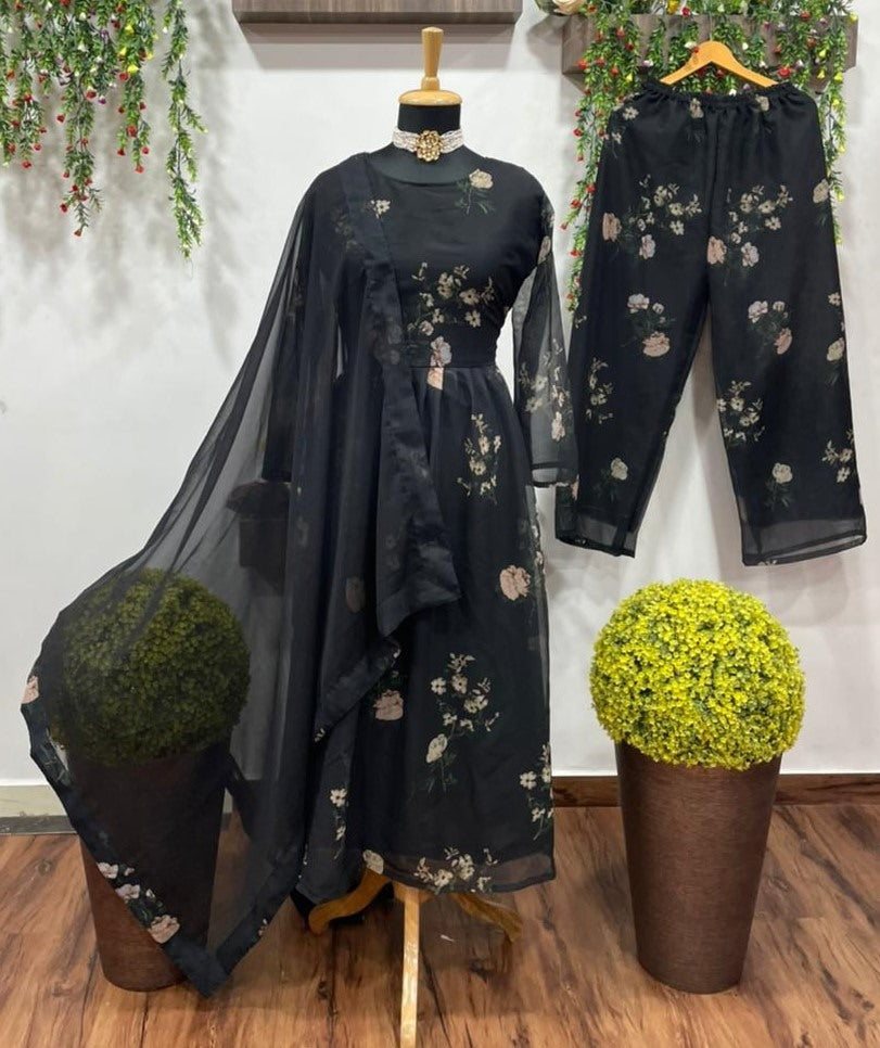Black georgette flower printed anarkali suit