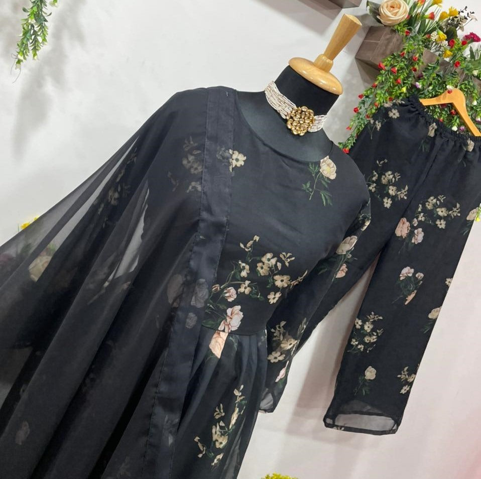 Black georgette flower printed anarkali suit