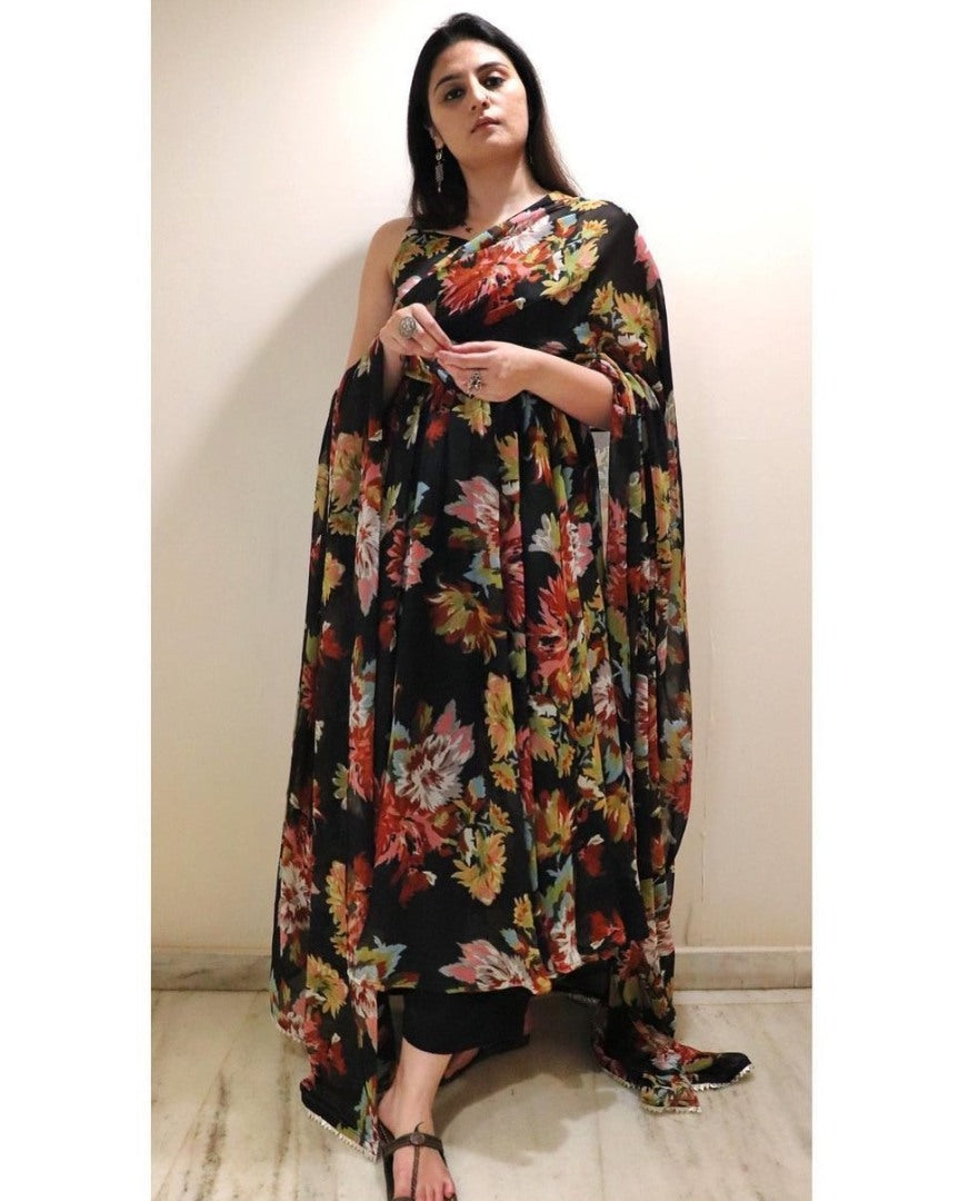 Black georgette flower printed anarkali suit