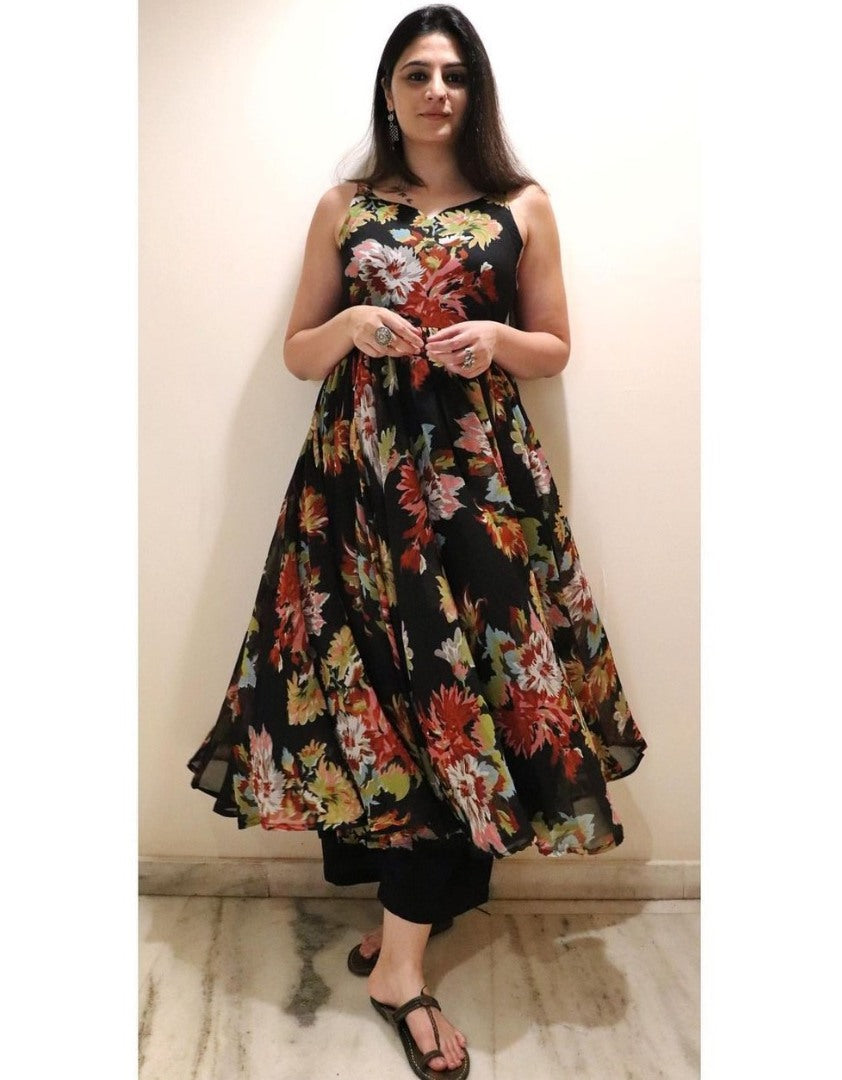 Black georgette flower printed anarkali suit