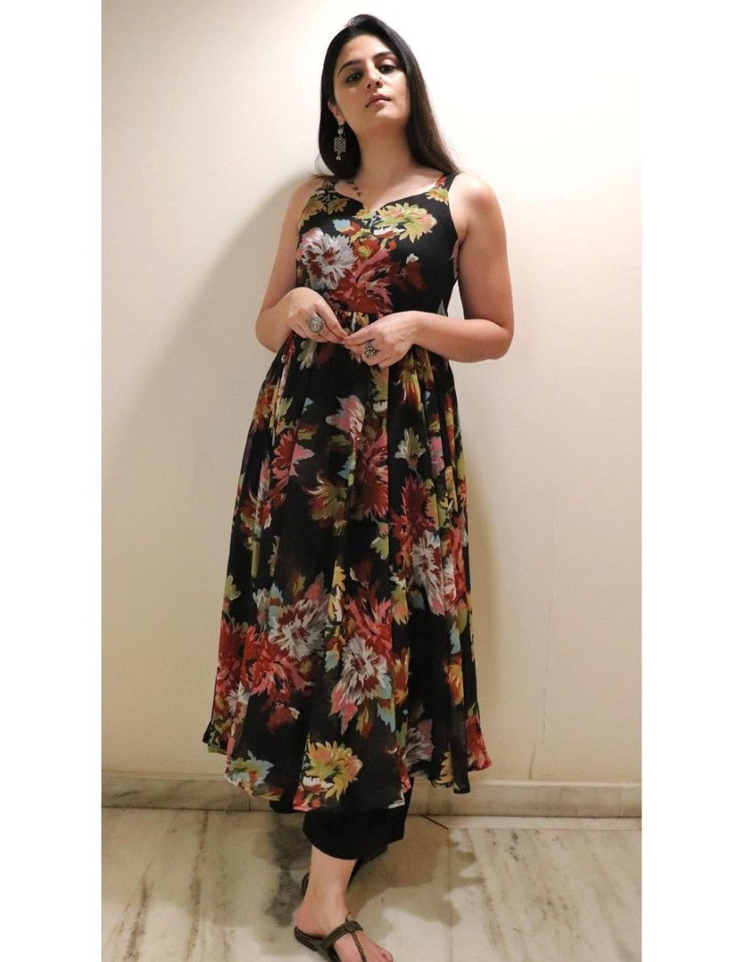 Black georgette flower printed anarkali suit