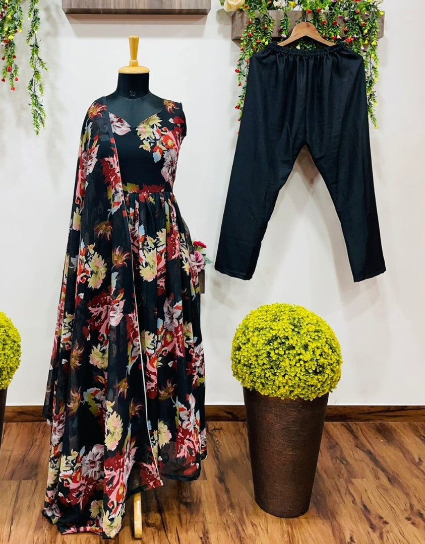 Black georgette flower printed anarkali suit