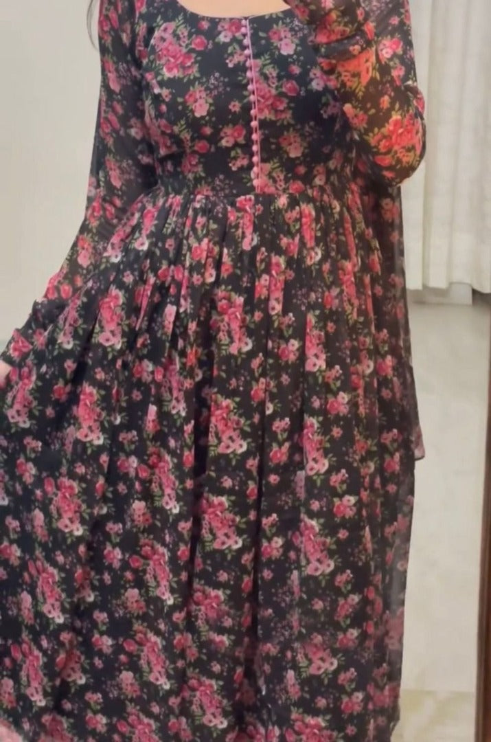 Black georgette flower printed anarkali suit