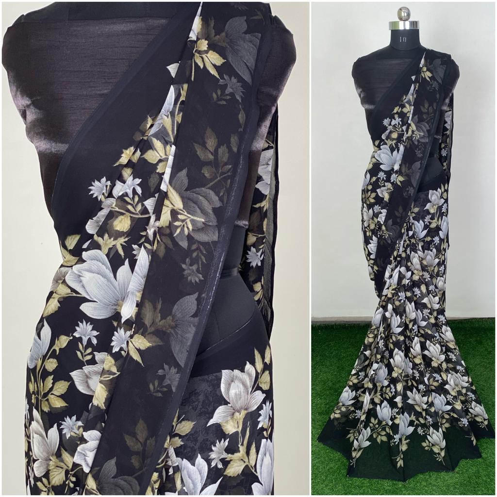 Black georgette flower printed casual wear saree