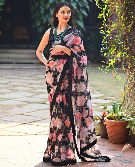 Black georgette flower printed sequence border partywear saree