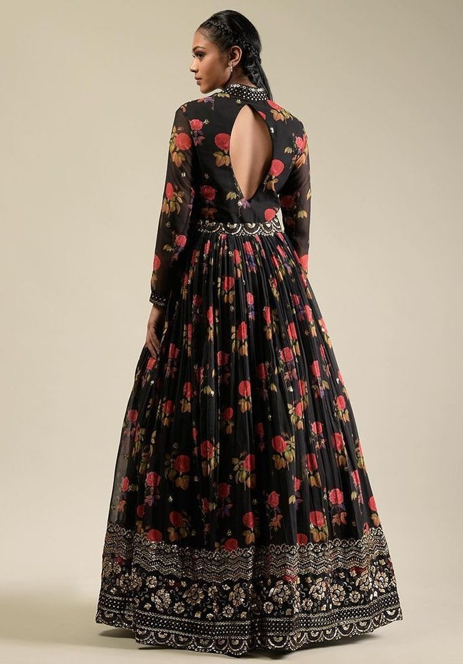 Black georgette flower printed sequence work gown