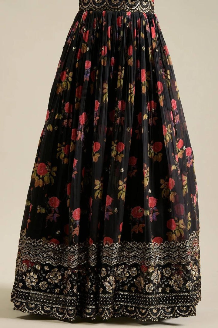 Black georgette flower printed sequence work gown