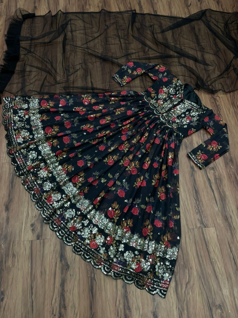Black georgette flower printed sequence work gown